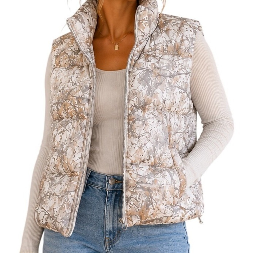 Better Together Beige Cream Camo Puffer Vest Women's Medium
